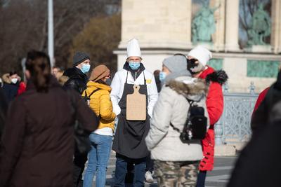 In Heroes' Square, the owners and employees of bars, restaurants and hotels are protesting against the restrictions related to the coronavirus affecting their businesses in Budapest,-stock-photo