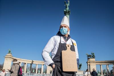 In Heroes' Square, the owners and employees of bars, restaurants and hotels are protesting against the restrictions related to the coronavirus affecting their businesses in Budapest,-stock-photo