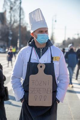 In Heroes' Square, the owners and employees of bars, restaurants and hotels are protesting against the restrictions related to the coronavirus affecting their businesses in Budapest,-stock-photo