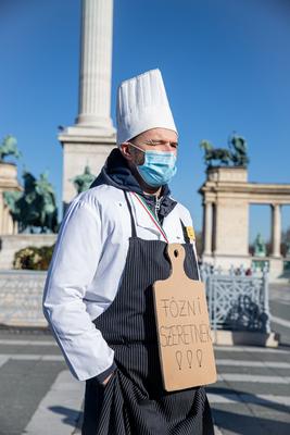 In Heroes' Square, the owners and employees of bars, restaurants and hotels are protesting against the restrictions related to the coronavirus affecting their businesses in Budapest,-stock-photo