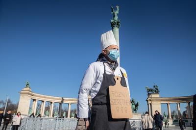 In Heroes' Square, the owners and employees of bars, restaurants and hotels are protesting against the restrictions related to the coronavirus affecting their businesses in Budapest,-stock-photo