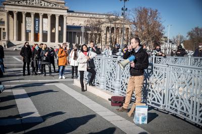 In Heroes' Square, the owners and employees of bars, restaurants and hotels are protesting against the restrictions related to the coronavirus affecting their businesses in Budapest,-stock-photo