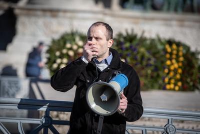 In Heroes' Square, the owners and employees of bars, restaurants and hotels are protesting against the restrictions related to the coronavirus affecting their businesses in Budapest,-stock-photo