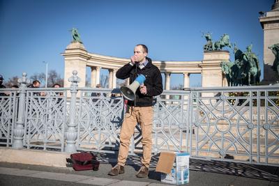 In Heroes' Square, the owners and employees of bars, restaurants and hotels are protesting against the restrictions related to the coronavirus affecting their businesses in Budapest,-stock-photo