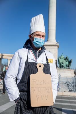 In Heroes' Square, the owners and employees of bars, restaurants and hotels are protesting against the restrictions related to the coronavirus affecting their businesses in Budapest,-stock-photo