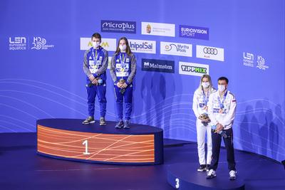 LEN European Aquatics Championships, Mixed Synchronised 10m Platform Diving - podium-stock-photo