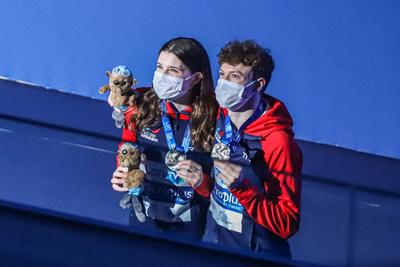 LEN European Aquatics Championships, Mixed Synchronised 10m Platform Diving - podium-stock-photo