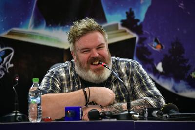 CLUJ-NAPOCA, ROMANIA - AUGUST 6, 2016: Actor and Dj Kristian Nairn (Hodor, Game of Thrones) answering questions during a press conference at Untold Festival-stock-photo