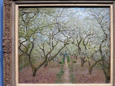 Claude Monet festmény: Vétheuli virágzó gyümölcsöskert-stock-foto