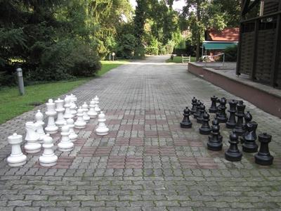 Sárvár (Hungary), 11 September 2016Chess in a hotel garden.Sakk egy szálloda kertjében.-stock-foto