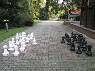 Sárvár (Hungary), 11 September 2016Chess in a hotel garden.Sakk egy szálloda kertjében.-stock-photo