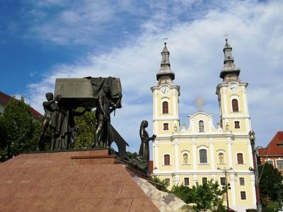 Miskolc - Heroes' monument - Minorita Church-stock-photo