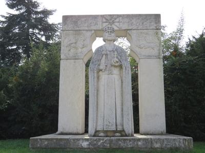Statue of Hungarian King St. Stephan, founder of the Hungarian State  - Miskolc-stock-photo