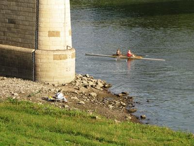Szolnok, 2016. szeptember 3.Horgász és evezõsök a szolnoki Tisza-híd lábánál.-stock-foto