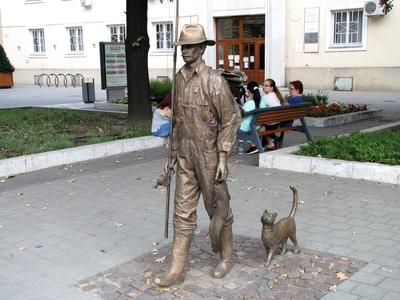 Szolnok, 2016. szeptember 3.A Horgász cicával szobor, a Kossuth tér, Szolnok fõterének egyik zsánerszobra. Kligl Sándor alkotása 2013-ból.-stock-foto