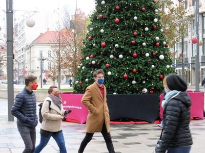 Masks, Coronavirus . Christmas Tree - Budapest-stock-photo