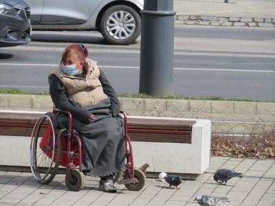 One-legged woman in wheelchairs with pigeons - Spring - Budapest-stock-foto