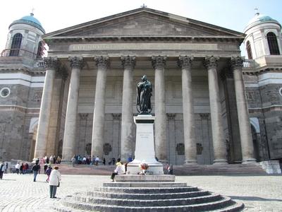 Basilica of Esztergom - Facade - Lady of Hungary statue-stock-photo