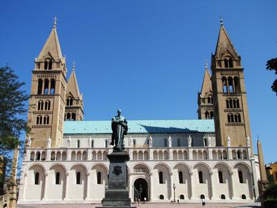 Pécs Cathedral and Bishop Statue - Hungary-stock-photo