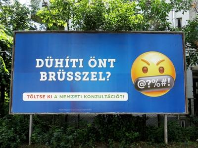 Hungarian government  propaganda poster - Brussels-stock-photo