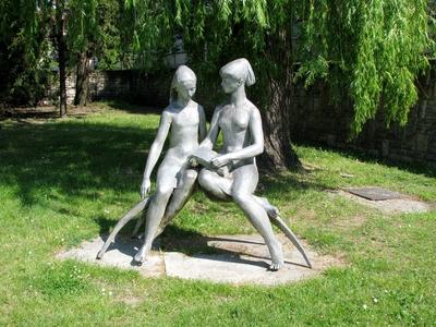 Reading Girls sculpture composition - Tatabánya - Hungary-stock-photo