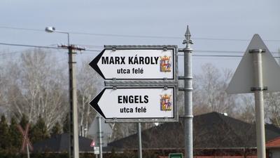 Marx and Engels streets - Jakabszállás - Hungary-stock-photo