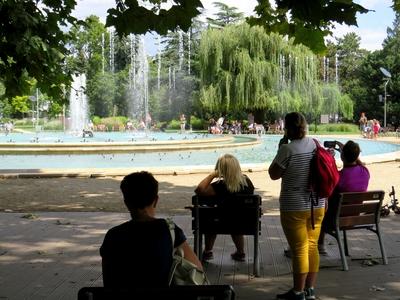 People admiring a fountain rhythmized to music on Margaret Island - Budapest-stock-photo
