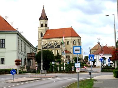 Moor city center - i Church of the Holy Cross - Hungary-stock-photo