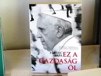 A book about Pope Francis at the Budapest International Book Festival. Title: This economy kills.-stock-photo