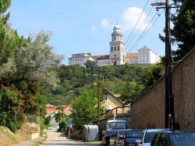 Pannonhalma - Street and Archabbey - Hungary-stock-foto