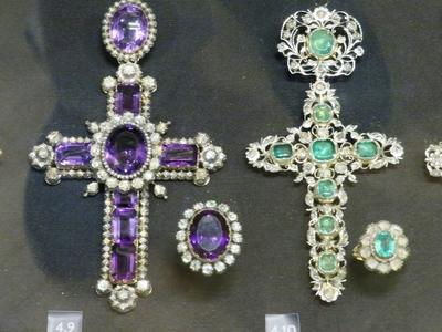 Episcopal crosses and rings adorned with precious stones in the relics of the Pannonhalma Archabbey - Hungary-stock-photo
