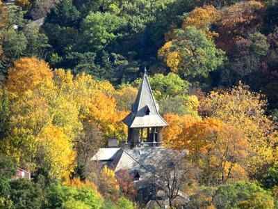 Towering cottage in autumn frame on János Hill - Budapest-stock-photo