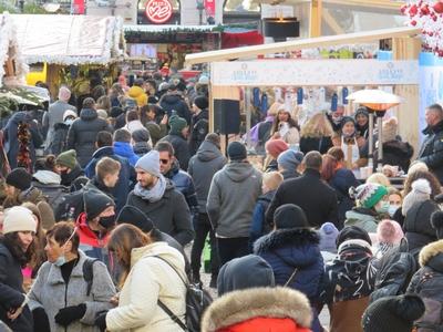 People at the St. Stephen's Square winter fair - Budapest-stock-photo