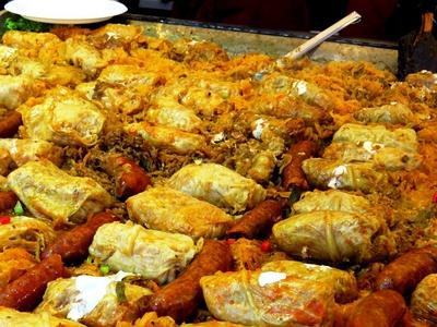 Stuffed cabbage and fried sausages - Winter Fair - Budapest-stock-photo