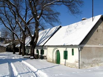 Wine cellars of Tök in winter. - Hungary-stock-photo
