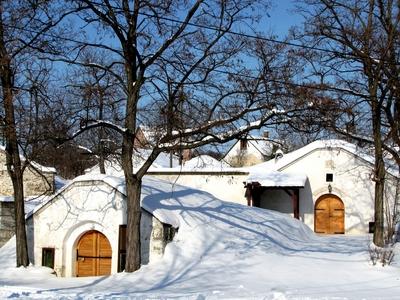 Wine cellars of Tök in winter - Hungary-stock-photo