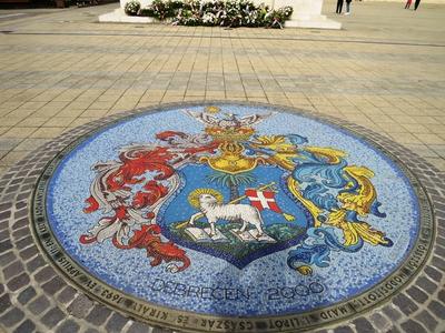 Mosaic Coat of armes of Debrecen - Hungary-stock-photo