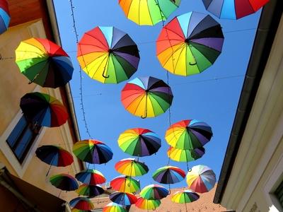 Colorful umbrellas over a street in Szentendre - Hungary-stock-photo