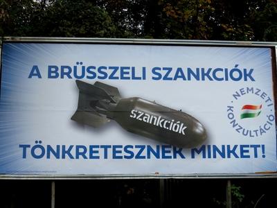 "Brussels sanctions are ruining us" - Hungarian poster-stock-foto