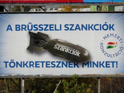 "Brussels sanctions are ruining us" - Hungarian poster-stock-foto