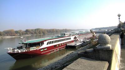The Danube at Mohács. - ourist boat in the harbor - Hungary-stock-photo