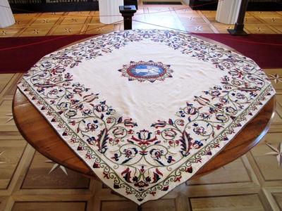 Decorative tablecloth - Library of Reformed College - Sátoraljaújhely - Hungary-stock-foto