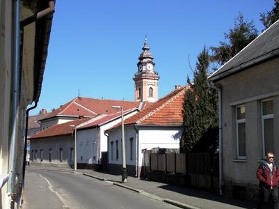 Sátoraljaújhely - Pedestrian street - Church tower - Hungary-stock-photo