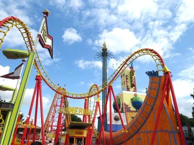 Boomerang roller coaster and Tower carousel - Prater - Vienna-stock-foto