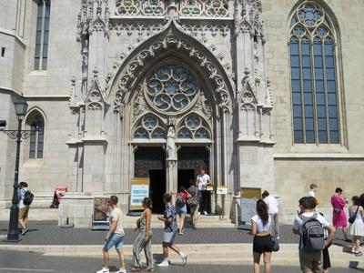 Tourists in front of the entrance to the Matthias Church - Budapest-stock-photo