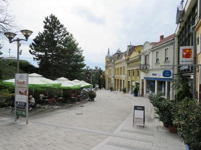 Veszprém pedestrian street with restaurant - Hungary-stock-photo