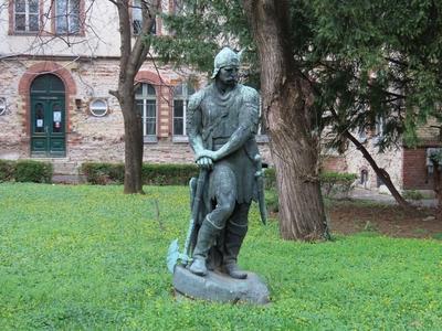 Statue of legndary Kinizsi Pál - Sport University - Budapest-stock-photo