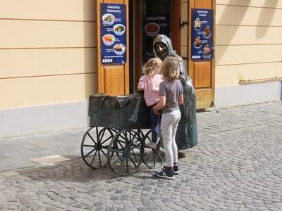Statue of housewife Aunt Kati - Székesfehérvár - Hungary-stock-foto