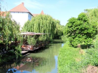 Restaurant on Living Water Channel - Gyula - Hungary-stock-photo