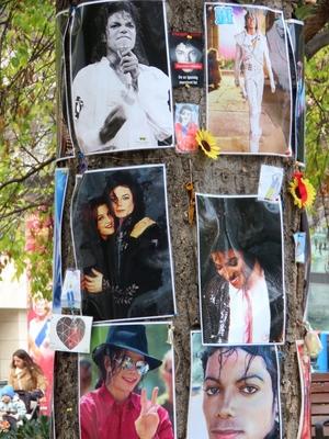 Photos of Michael Jackson on the trunk of a memorial tree in downtown Budapest-stock-foto